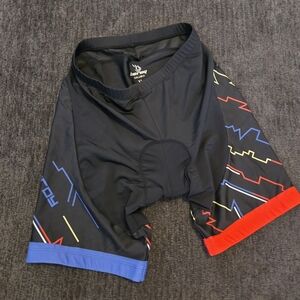 Beroy Womens Black Hybrid Padded Cycling Shorts with Blue & Red Accents. Size XL